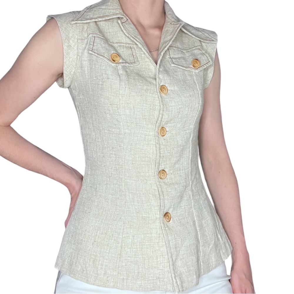 VINTAGE Flax Button Down Collared Sleeveless Shirt